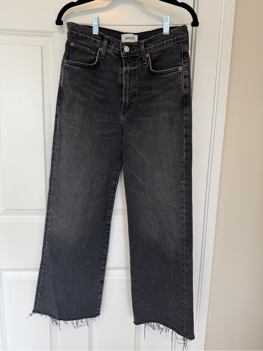Agolde Washed Black Straight-Leg Jeans with Raw Hem Harper Crop